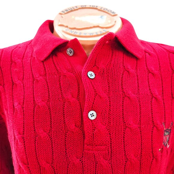 Ralph Lauren Polo Mens Cable Knit Sweater Red Cotton Button Up Long Sleeve Med. - Picture 3 of 12